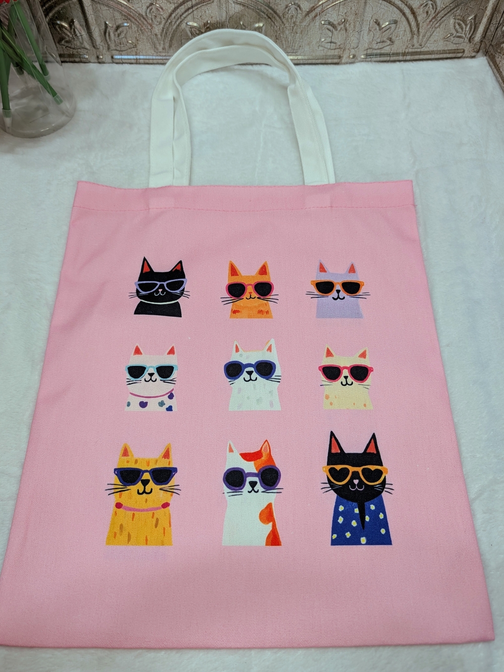 Pink Canvas Tote Bag with Multicolor Cat Sunglasses Print
